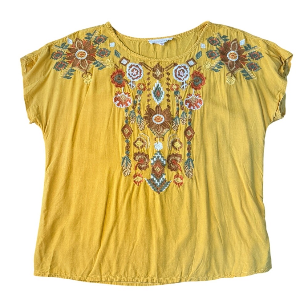 Solitaire Embroidered Top Size M Yellow Boho Floral Hippie Peasant Festival Folk